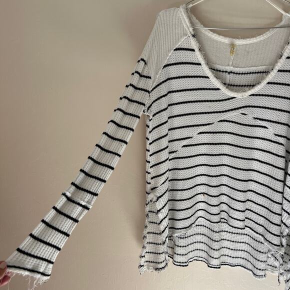 Free People Raw Hem Waffle Knit Striped Long Sleeve High Low Top Size XS - Picture 3 of 11